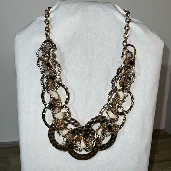 Chunky Stacked Chained Necklace Women’s Gold Tone Beaded Circle Classiccore Boho - Picture 1 of 9